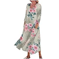 Dresses for Women 2024 Printed 3/4 Sleeve Beach Dress with Pocket Flowy Trendy Sun Dress Vacation Lightweight Dress