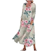 Summer Dresses for Women 2024 Printed 3/4 Sleeve Sun Dress with Pocket Trendy Flowy Dress Casual Vacation Beach Dress