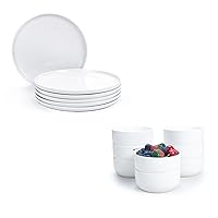 6pcs 10.5 Inch White Plates and 8pcs 4.5 Inch Small Dessert/Soup Bowls