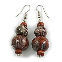 Brown/Black/White Colour Fusion Wood Bead Drop Earrings with Silver Tone Closure - 55mm Long