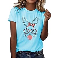 Womens Easter Day Shirts Loose Fit Cute Crew Neck T-Shirts Easter Bunny Floral Print Graphic Tee Blouse Tops