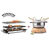 Artestia Raclette Table Grill Electric Fondue Pot Set, Temperatural Control, 8 Color-Coded Forks, 10 Non-Stick Pans, Dual Thermostat Fondue Grill Combo for Chocolate, Cheese, Grilling