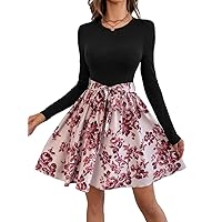 Women's Dress Floral Print Belted Combo Dress Women's Dress (Color : Multicolor, Size : X-Small)