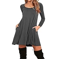 GRASWE Women's Long Sleeve Casual Loose Flowy Solid Color Round Neck T-Shirt Dress