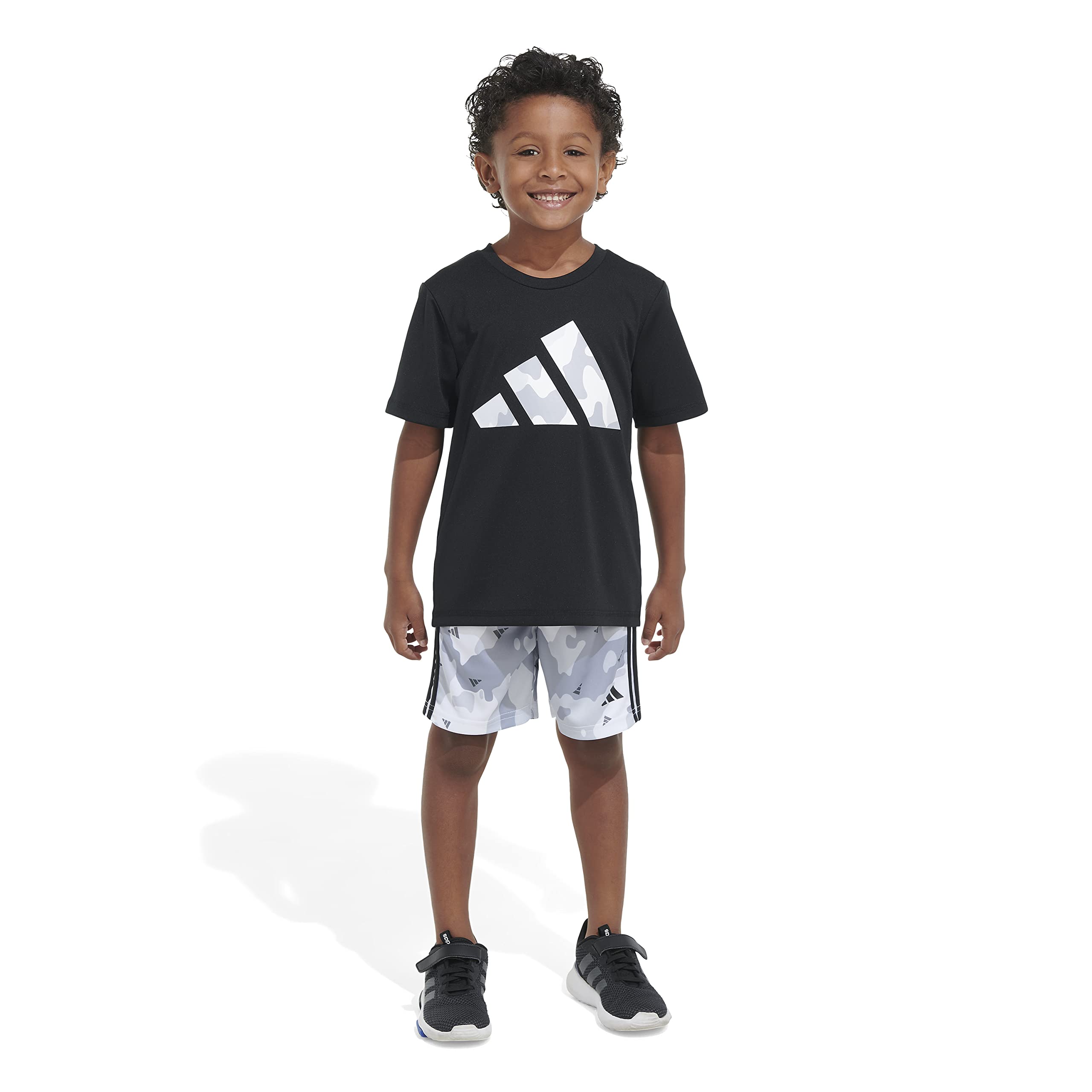 adidas Boys Short Sleeve Poly Tee & Camo All Over Print Short Set