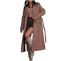Long Pea Coat for Women Fall Dressy Casual Double Breasted Belted Coat Pocket Baggy Long Sleeve Wool Blend Peacoat Jacket