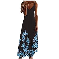 Womens Floral Print Maxi Dress Summer Spaghetti Straps Flowy Beach Dresses Comfy Sleeveless V Neck Long Sundress