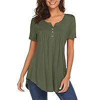Women's Summer Top 2024 Short Sleeve Casual Solid Button Down V Neck Blouse Loose Fit Workout Tee Shirt