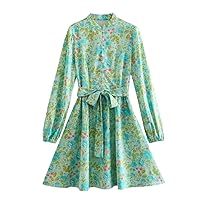 Women Breasted Floral Print Bow Sashes Shirt Mini Dress Female Chic Stand Collar Casual Slim Vestidos