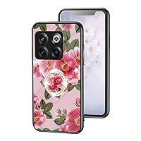 for One Plus 10T 10 Pro ACE Pro 5G Glossy Slim Bumper, Exquisite Flowers Tempered Glass Phone case with Bling Rhinestones Finger Ring Holder for Women Girls(Red,10T)