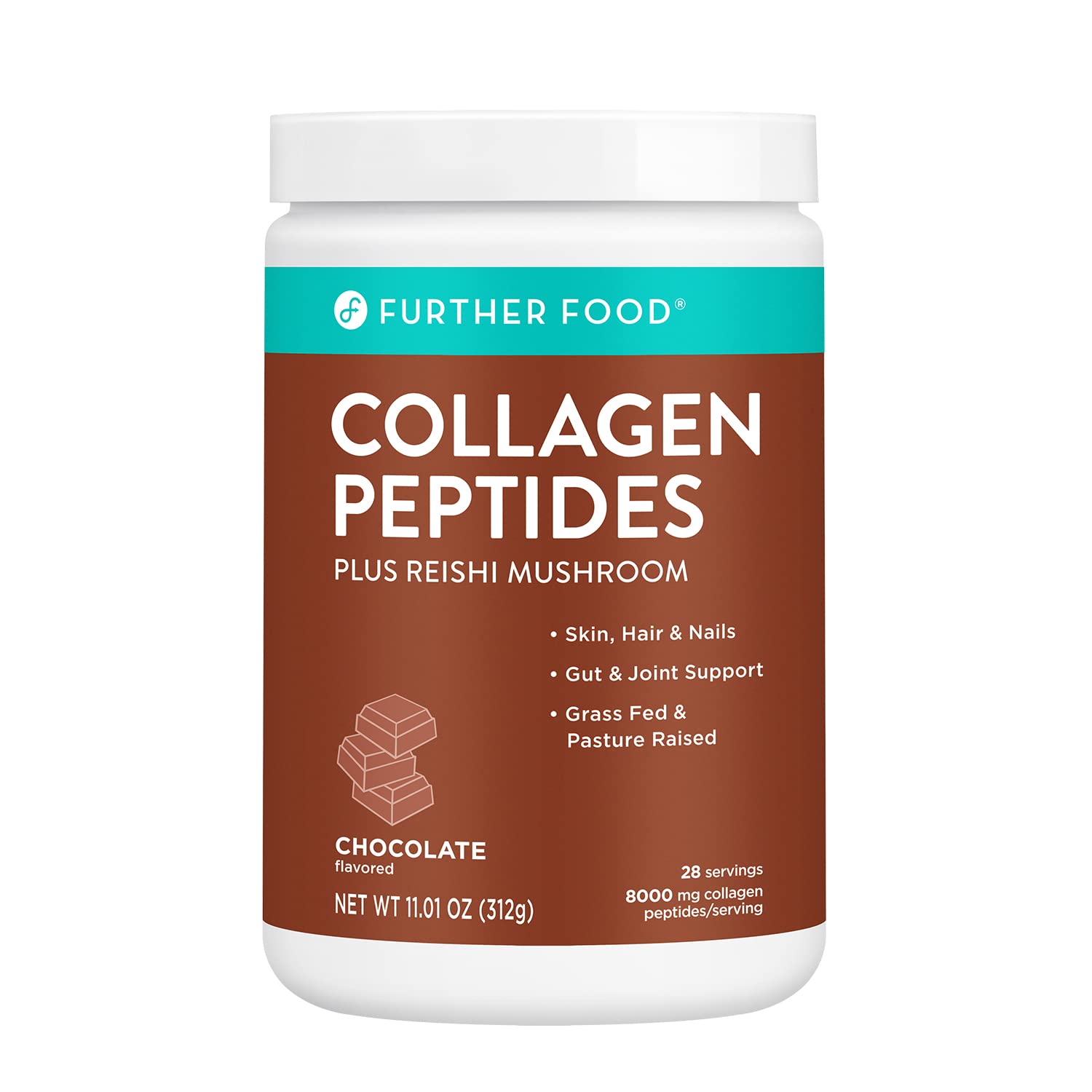 Further Food Chocolate Collagen Peptides Powder, Grass-Fed Pasture-Raised Hydrolyzed Type 1 & 3 Protein, Gut Health + Joint, Hair, Skin, Nails, Paleo Keto Sugar-Free (28 Servings)