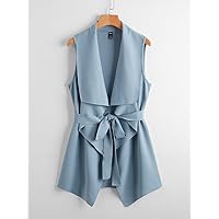 BOBONI Women's Jackets Autumn Rib-Knit Belted Waterfall Coat Lightweight Fashion (Color : Dusty Blue, Size : Large)