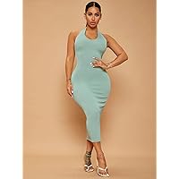 Fall Dresses for Women 2023 Solid Backless Ribbed Knit Halter Dress Dresses for Women (Color : Mint Green, Size : X-Small)