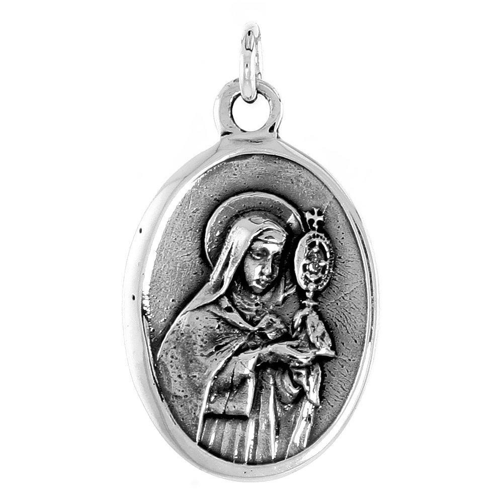 Sterling Silver St Clare Medal Necklace Oxidized finish Oval 1.8mm Chain
