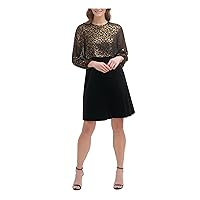 DKNY Womens Zippered Leopard Print Popover and Sleeve Jewel Neck Above The Knee Wear to Work Fit + Flare Dress