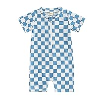 Infant Baby Boy Girl One Piece Swimsuit Short Sleeve Checkerboard Print Zipper Jumpsuit Sun Protection Bathing Suits