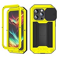 FW Compatible with iPhone 15 Pro Max Metal Case with Slide Camera Cover Built in Screen Protector Full Body Hybrid Case Metal Kickstand Military Heavy Duty Armor Silicone Case for Man Woman(Yellow)