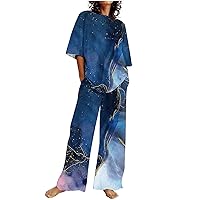 2 Piece Outfits for Women Fashion Marble Print Oversized Tee Shirts and Wide Leg Long Pants Lounge Sets 2023 Fall Suits