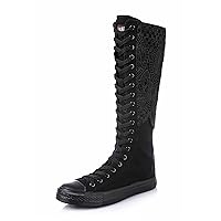Women's Fashion Canvas Knee High Boots Fancy Shoes Lace Side Zipper Round Toe