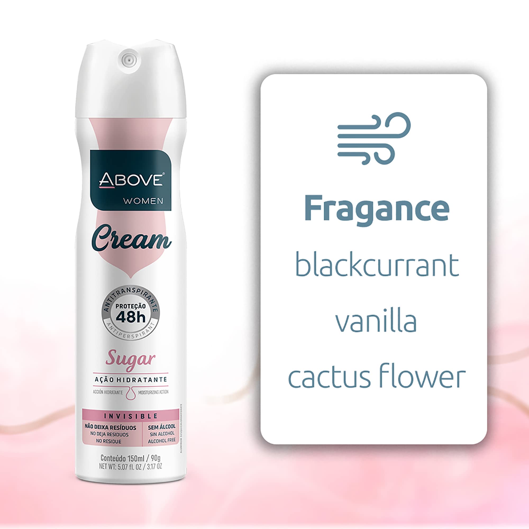 ABOVE Cream Sugar - 48 Hours Antiperspirant Deodorant Spray for Woman - Notes of Cassis and Freesia - Protects Against Sweat and Body Odor - Moisturizes - Alcohol Free and Does Not Stain - 3.17 oz