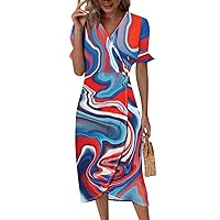 American Flag Dresses Women Wrap V Neck July 4th Patriotic Dress Flowy Ruched Hawaiian Maxi Dress
