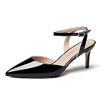 WAYDERNS Women's Buckle Pointed Toe Solid Patent Ankle Strap Stiletto Mid Heel Pumps Shoes 2.5 Inch