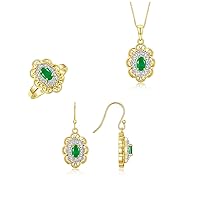 Matching Jewelry Set Yellow Gold Plated Silver Floral Pattern Halo Pendant Necklace, Earrings & Matching Ring. Gemstone & Diamonds, 18