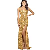 Spaghetti Straps Glitter Prom Party Dresses Mermaid 2023 Sequins Evening Dresses with Split