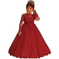 Lace Tulle Flower Girl Dress for Wedding Long Sleeve Princess Dresses Burgundy Pageant Party Gown with Bow Size 5
