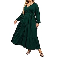 KOJOOIN Women Plus Size V Neck Wrap Maxi Dress High Waist Long Sleeves Ruffle Hem Casual Dress with Belt