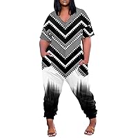 Plus Size Jumpsuits for Curvy Women Casual V Neck Short Sleeve Zipper Overalls With Pockets Wide Long Jumpsuits