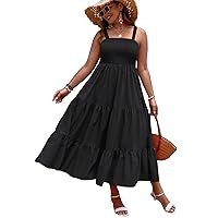 MakeMeChic Women's Floral Print Square Neck Shirred Sleeveless Long Summer Dress Plus Black B 4XL