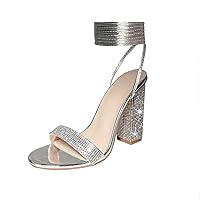 Women's Sparkly Rhinestones Sandals for Women Ankle Strappy Chunky Block Heels Sandals