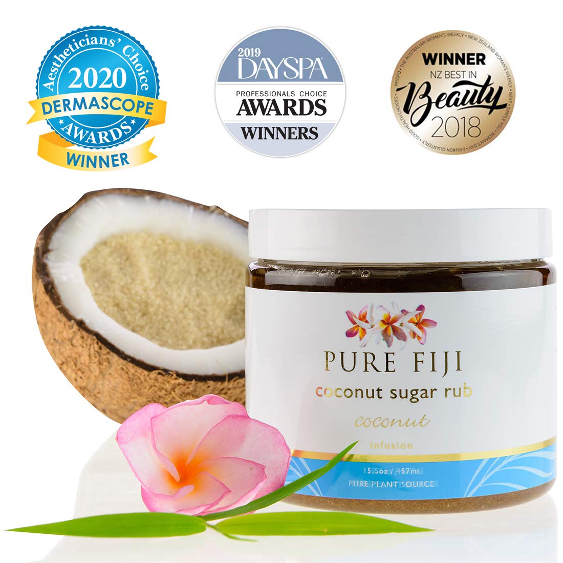 Pure Fiji Coconut Sugar Rub - Coconut Body Scrub Natural Origin for Smooths and Softens Skin - Organic Exfoliating Sugar Scrub for Body, Coconut, 15.5 oz