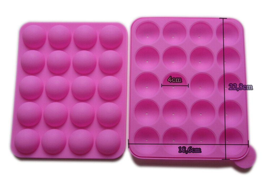 Rbenxia Silicone Cake Mold 20-cavity Half Circle Lollipop Party Cupcake Baking Mold Cake Pop Stick Mold Tray Hot Pink with 25 Sticks