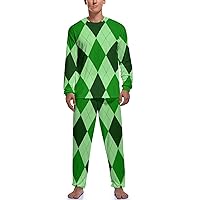 Green Argyle Print Pajama Set Top and Pants Mens' Nightgown Lounge Sleepwear