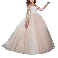 Abaowedding Lace Embroidery Sheer Long Sleeves Kids Trailing Gowns