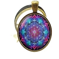 Flower of Life Sacred Geometry Mandala Yoga Keychain Vintage Charm Jewelry Glass Photo Jewelry
