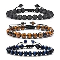 M MOOHAM Natural Stone Bracelets for Men - 8mm Tiger Eye | Matte Agate | Lava Rock Bracelets for Men Teen Boys Gifts Fathers Day Anniversary Birthday Gifts for Him