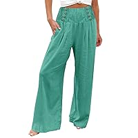 Wide Leg Pants Woman Linen Casual Elastic High Waisted Loose Trousers 2024 Summer Smocked Button Flowy Beach Pants
