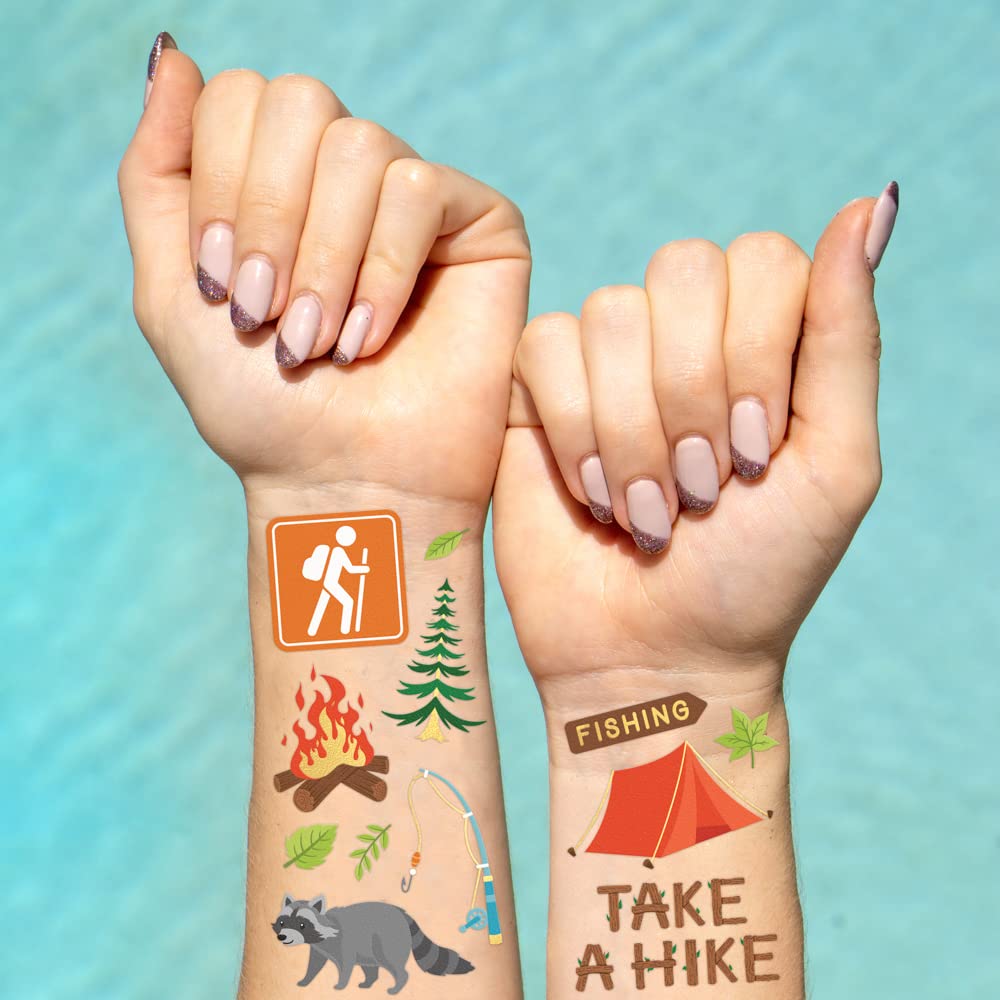 xo, Fetti Camping Party Supplies Temporary Tattoos - 44 Metallic Styles | Outdoor Wilderness Birthday, Forest Animals Favors, Gone Fishing Bday