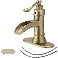 BWE Brushed Gold Bathroom Faucet Waterfall Bathroom Sink Faucet with Pop Up Drain Single Handle Deck Plate for 1 or 3 Hole Vanity Farmhouse Mixer Tap 1.2 GPM [Fits All States, California Included]