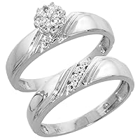 Genuine 10k White Gold Diamond Trio Wedding Sets for Him and Her L Grooves 3-piece 6mm & 4.5mm wide 0.10 cttw Brilliant Cut sizes 5-14