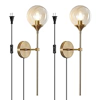 KCO Lighting Mid-Century Plug in Cord Wall Sconces Set of 2 Gold Glass Globe Wall Lamps Modern Industrial Long Arm Wall Lights Fixture for Bedroom Bedside Stairway Hallway (Amber)