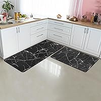 Black Crackle Textured Marble Patterns Kitchen Mat [2 PCS] Cushioned Anti Fatigue Mats for Kitchen Floor 47x17 Inch/29x17 Inch, Waterproof, Non Slip Kitchen Rugs