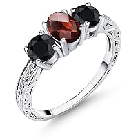 Gem Stone King 2.50 Ct Oval Checkerboard Red Garnet Black Sapphire 925 Sterling Silver Ring