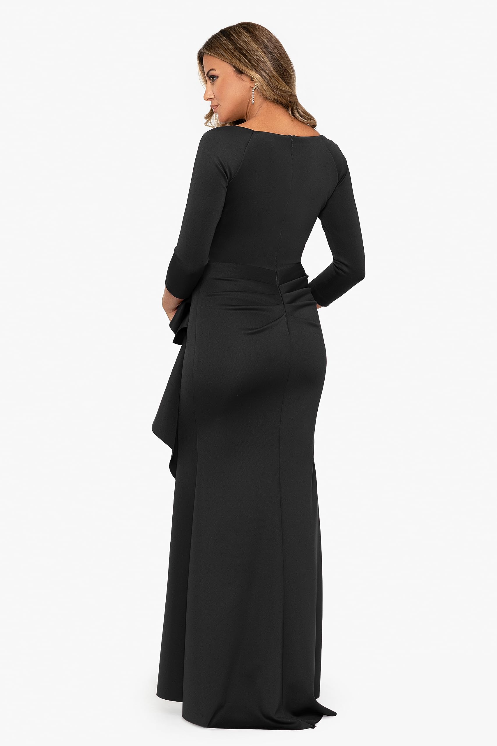 Xscape Women's Long 3/4 Sleeve V-Neck Side Ruched Gown (Reg and Petite)