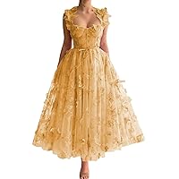 WilFiks 3D Butterflies Applique Prom Dresses Spaghetti Straps Lace Tulle Long Ball Gowns for Women Formal Dress Tea Length