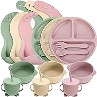 18 Pcs Silicone Baby Feeding Set Infant Dinnerware Adjustable Silicone Toddler Bibs Baby Plates and Bowls Set Suction Bowls Divided Plates Spoons Fork Cups Utensils(Beige, Pink, Navy Green)