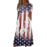 Womens July 4th Short Sleeve Dresses Summer Casual Fashion Independence Day Printed Round Neck Dress with Pocket